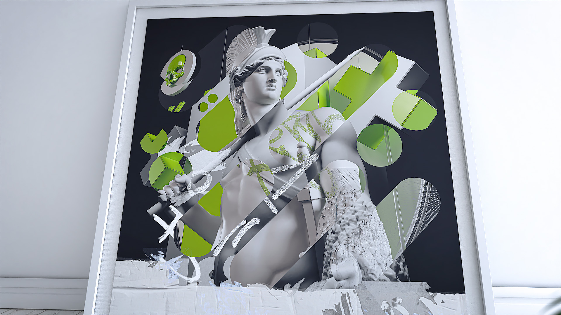 A square framed art print displaying a monochrome classical warrior bust layered with bold green and black geometric accents.