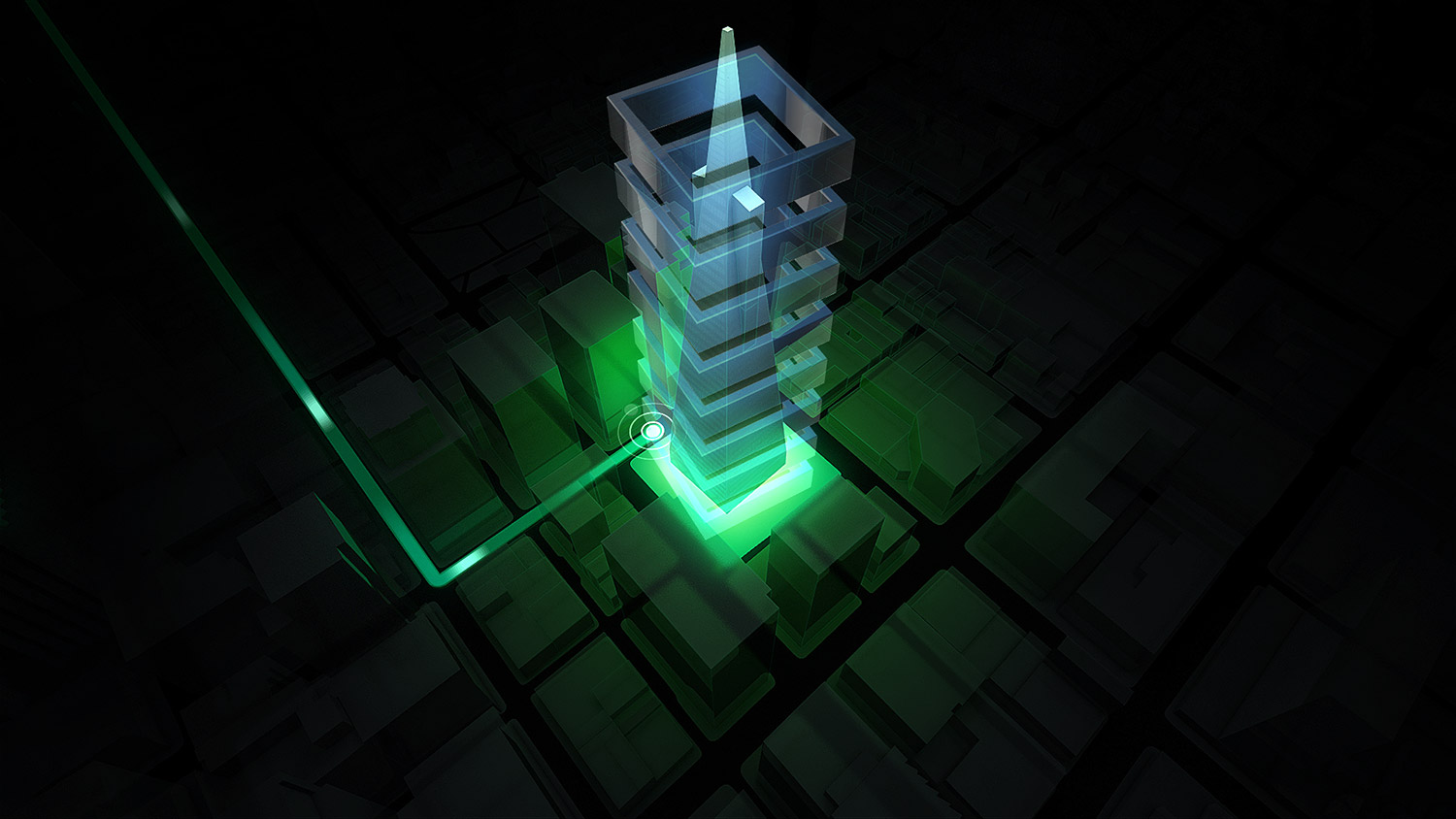A high-end 3D navigation interface concept illustrating a destination arrival frame, featuring a hollow structural wireframe overlay wrapped around a glowing green tower with a targeted waypoint radar node at its base.