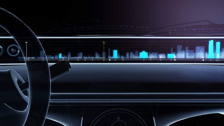 Connected Car Dashboard – Steering Wheel HMI Framing A dark, stylized automotive interior render framing the panoramic navigation screen behind a sleek, wireframe-style steering wheel, showcasing driver-perspective glanceability.