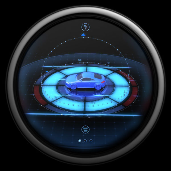 A circular automotive console display featuring a blue 3D car model centered on an illuminated radar compass grid, tracking real-time localized weather data and environmental direction.