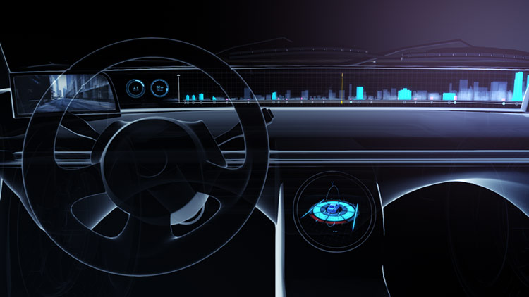 Connected Vehicle HMI – Balanced Cockpit Interface Layout A symmetrical interior studio frame emphasizing the integration of digital displays within the dashboard architecture, framing the panoramic skyline UI directly through the minimalist steering wheel.