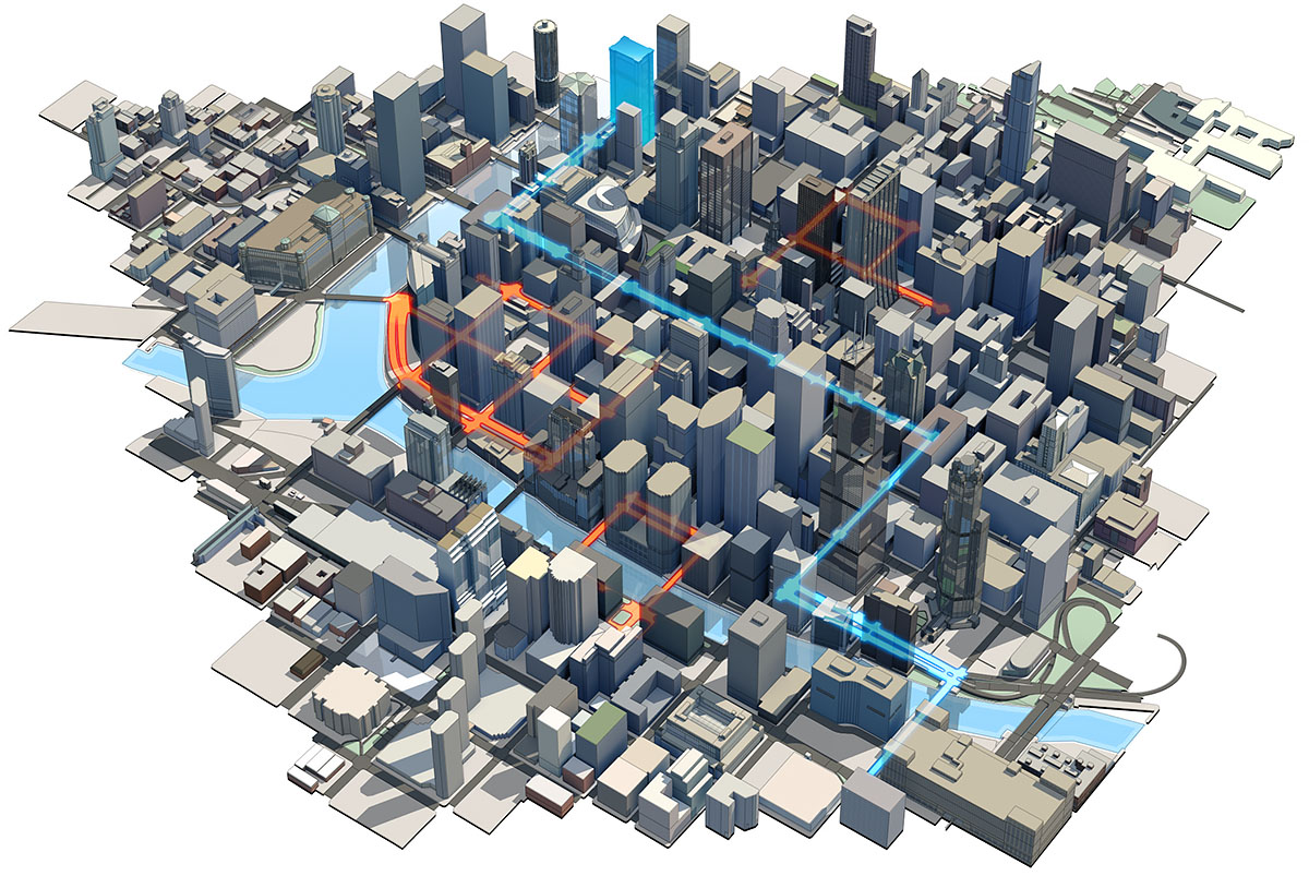 An interactive 3D navigation display concept showing real-time traffic flow integrated into a city grid, utilizing glowing orange and red route highlights to indicate localized road congestion alongside alternative clear blue vectors.