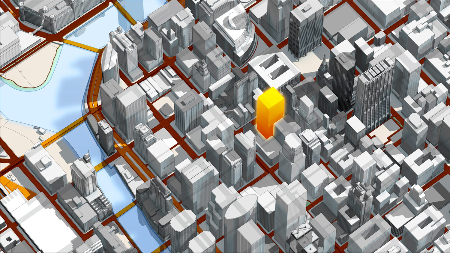 An isometric 3D automotive map concept displaying dark orange route borders across a city grid, highlighting a targeted skyscraper landmark in a vibrant amber-orange selection glow to indicate real-time traffic alerts.