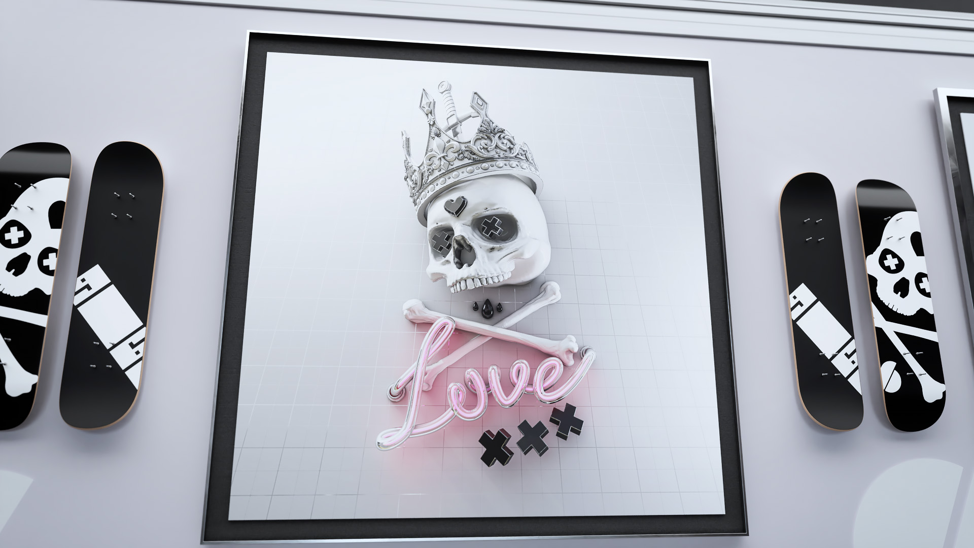 A large square canvas print displaying a crowned skull over a glowing pink neon Love sign, flanked by custom printed monochrome skateboard decks.