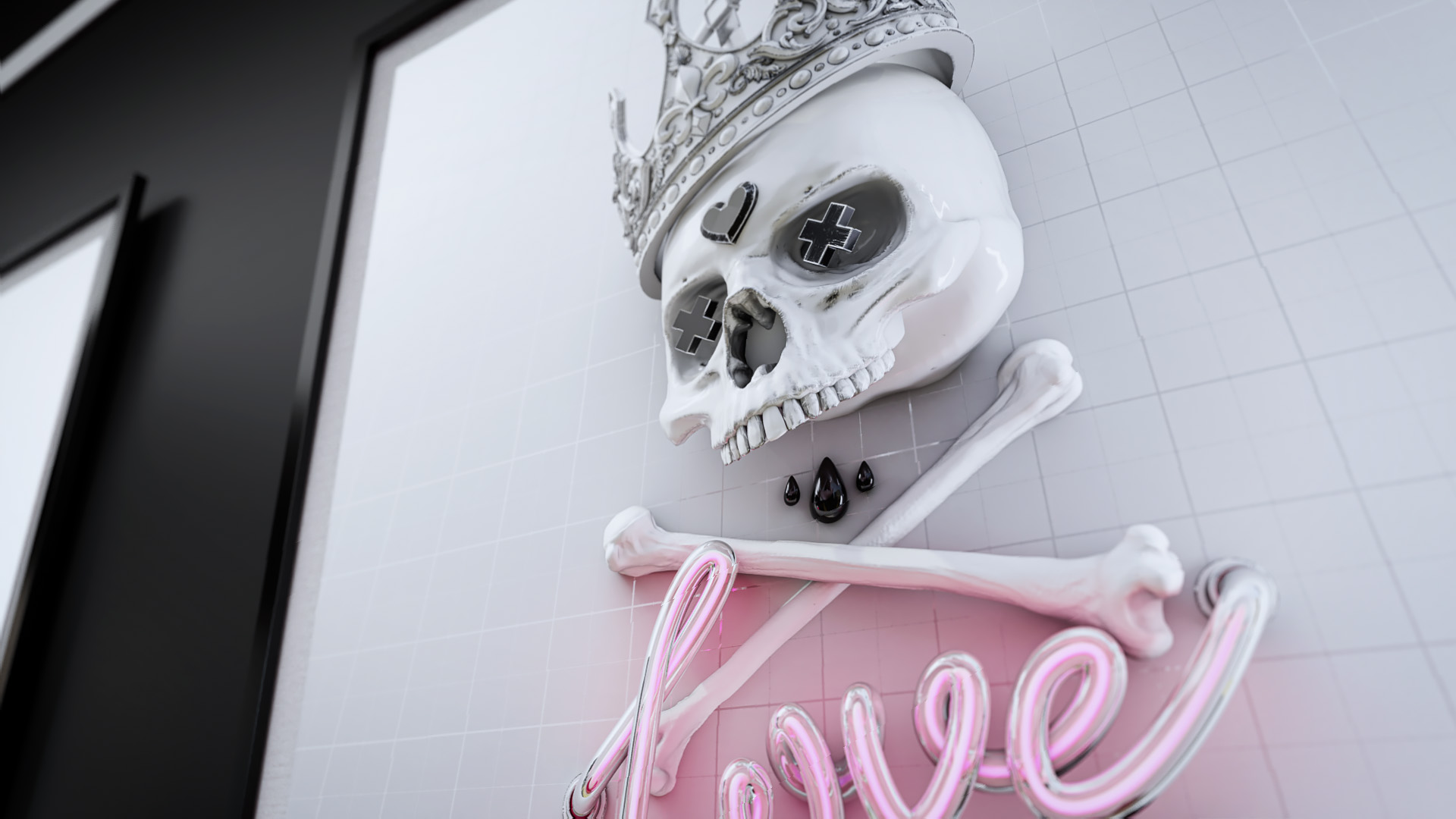 A close-up perspective shot of a white crowned skull fine art piece positioned directly above a glowing pink neon script sign reading Love.