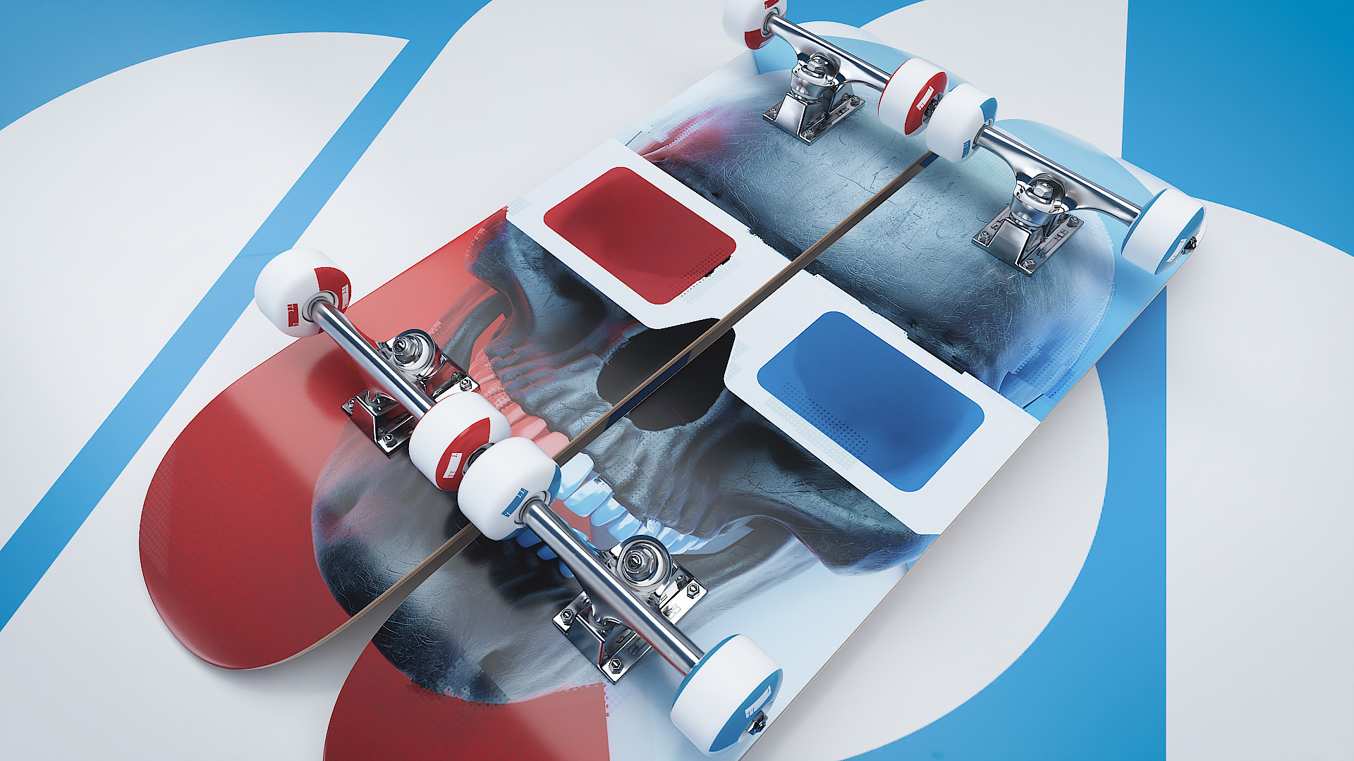 A detailed view of a fully assembled custom skateboard deck showcasing a striking blue and red anaglyph skull illustration wearing retro three-dimensional glasses.