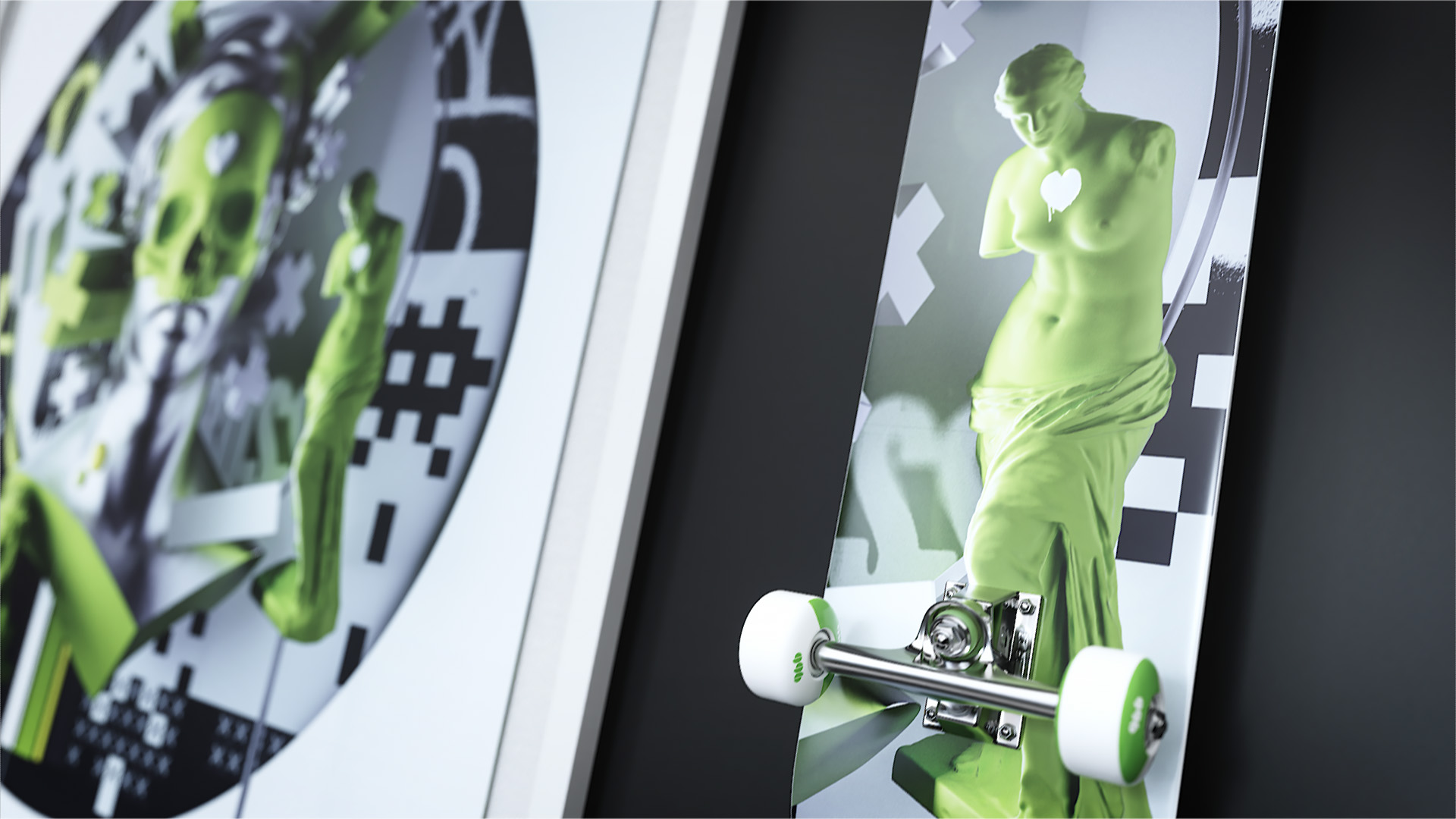 A tight detail view focusing on a custom skateboard deck graphic that displays a lime green reinterpretation of a classical Venus statue.