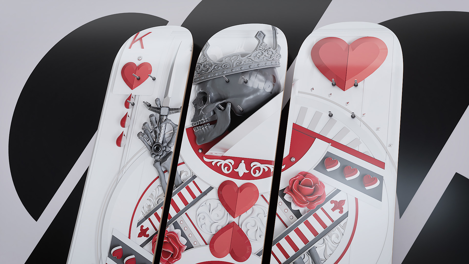 A triptych set of three custom printed skateboard decks hanging on a wall, splitting a large graphic illustration of a crowned skull and playing card suit motifs.
