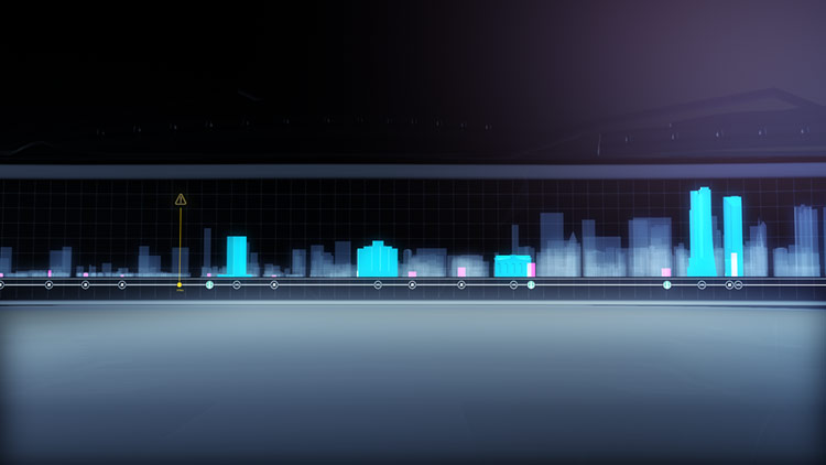 Interactive Infotainment System – Skyline Timeline Progress Bar A medium studio render tracking across the full-width infotainment screen asset, highlighting the horizontal progress timeline and the contrast between the dark grid layout and the bright cyan architectural nodes.