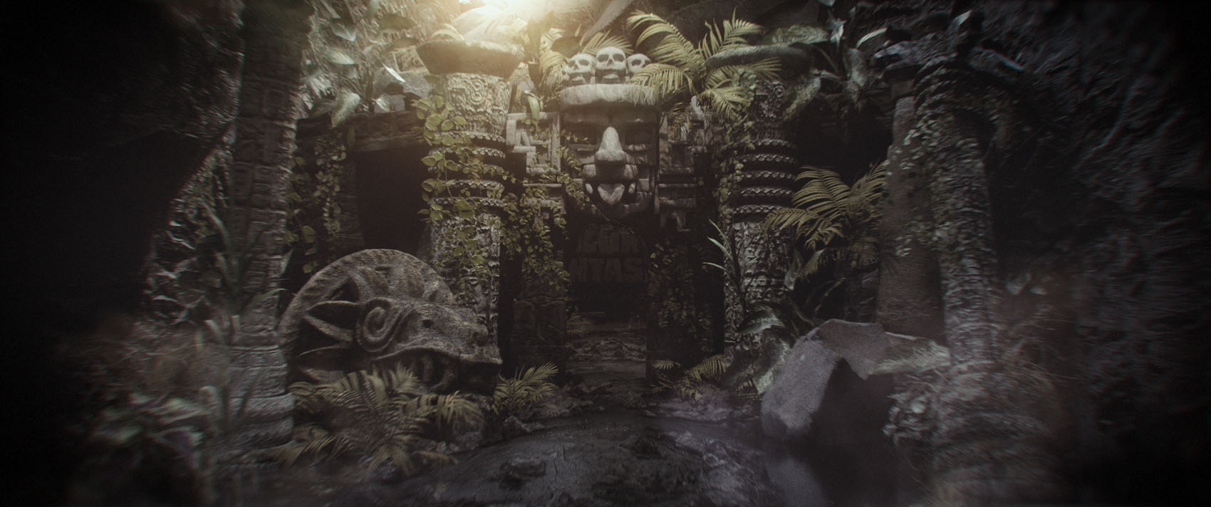 A detailed cinematic production frame of an ancient stone temple ruin adorned with tribal carvings and skulls, covered in creeping jungle vines and tropical plants under a hazy light.