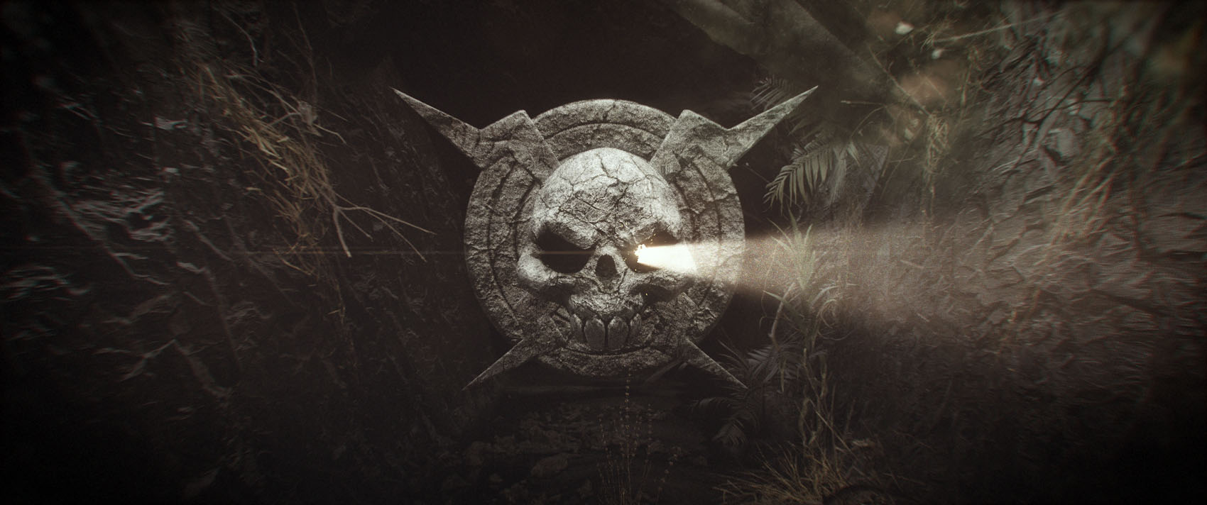 A sequential cinematic frame showing a single bright beam of volumetric light bursting forth from the eye socket of the ancient stone skull emblem.