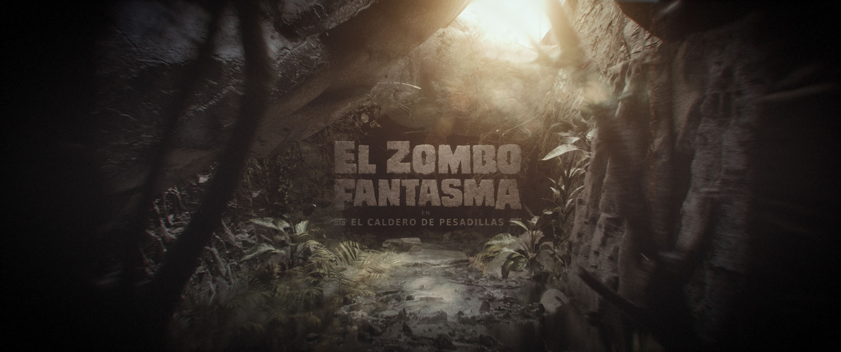 A moody movie style frame looking down a rocky, overgrown jungle cavern path towards a blindingly bright overhead light source, overlaid with stylized teaser title text.