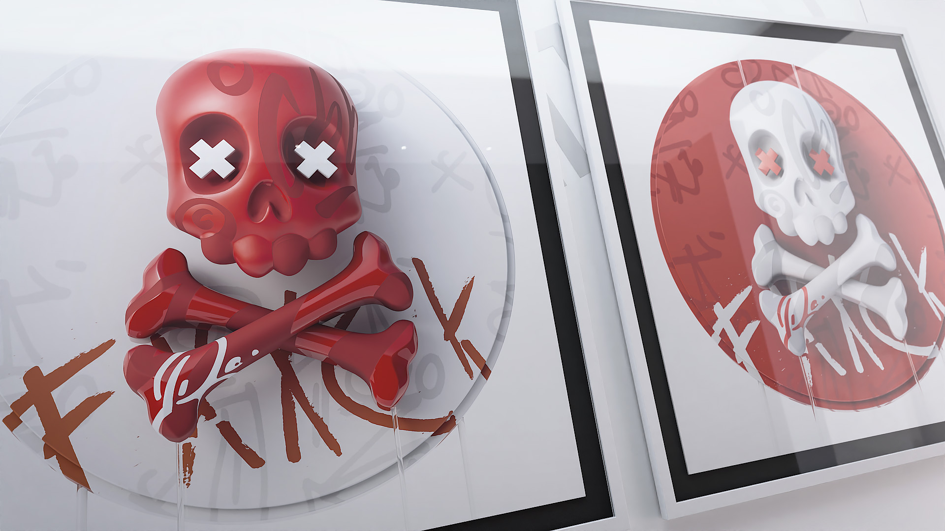 A close-up perspective of two matching framed prints, showcasing a bold, glossy red 3D skull and crossbones design with cross-marked eyes.