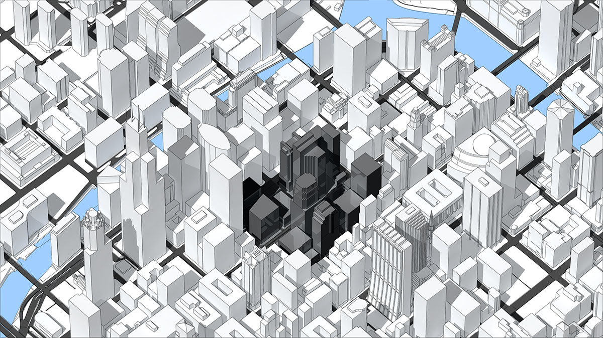 An experimental look-development frame exploring environment occlusion, featuring a field of white 3D building models with a central sector inverted into dark grey and black wireframe silhouettes.