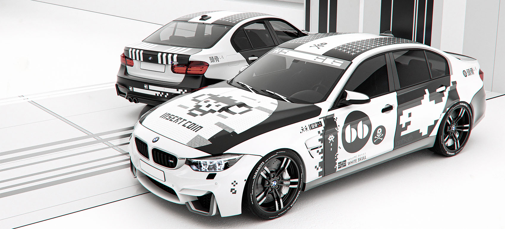 A website portfolio section featuring a descriptive block of text on the left next to a clean three-quarter studio render of the monochrome car livery design.