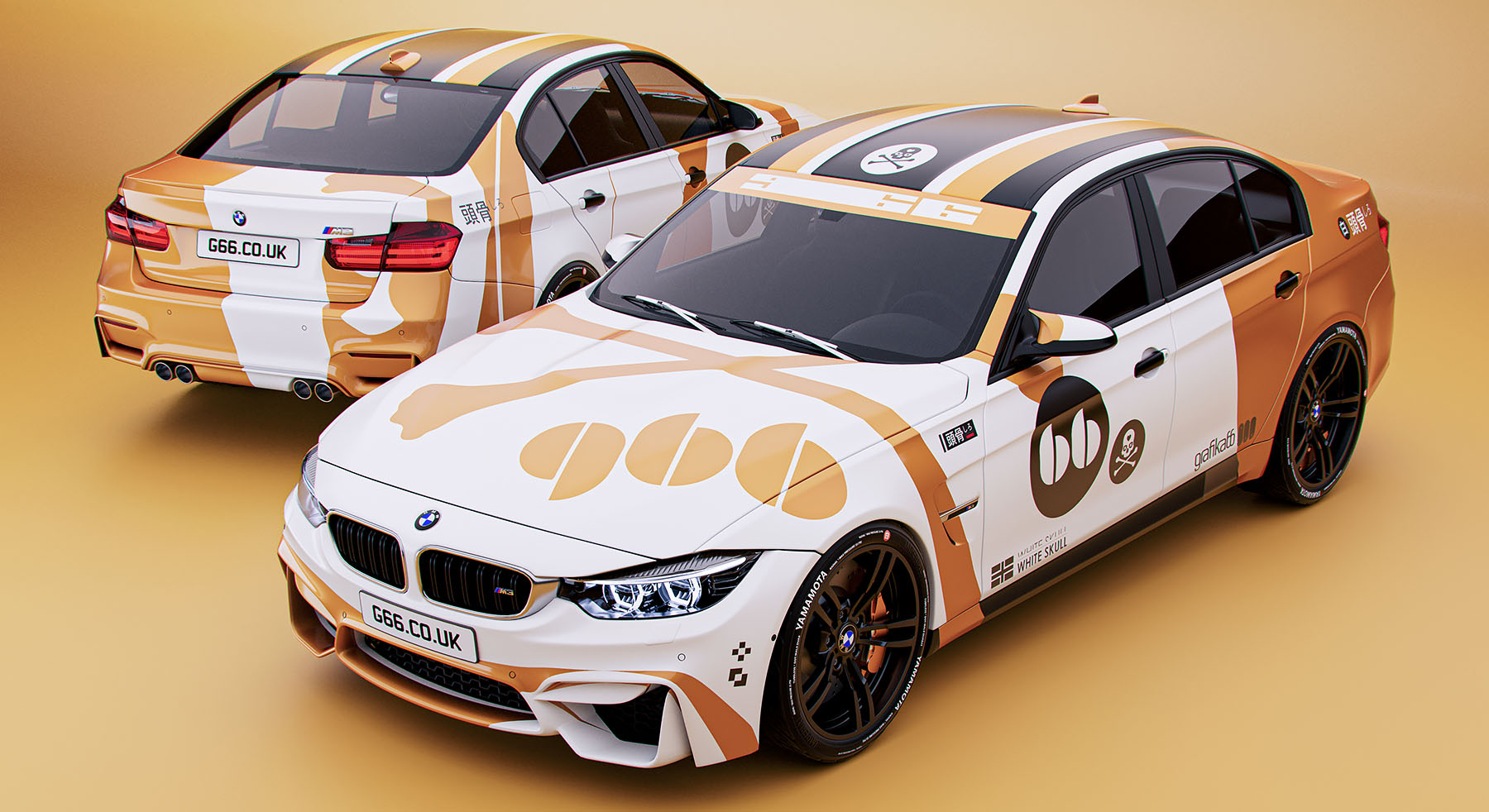 A full-width 3D studio presentation render from image_9c46aa.jpg displaying two sports cars, highlighting a clean front three-quarter view and a rear angle layout of the orange, white, and grey colour-blocked livery design.