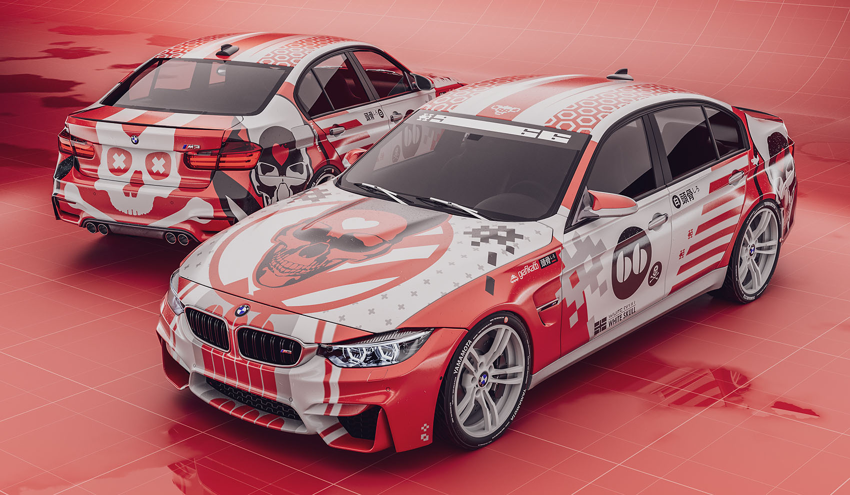 A wide-angle 3D studio presentation render from image_9c999d.jpg displaying two sports cars on a reflective red gridded floor, showcasing a full front three-quarter view and a rear angle layout of the red and white pop-art skull livery design.