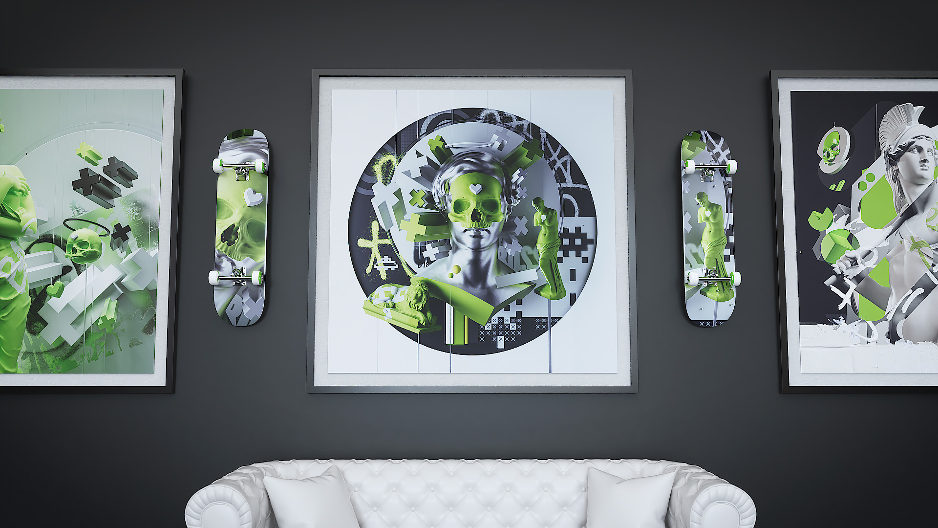 A balanced gallery wall arrangement featuring green-themed skull prints and custom printed skate decks mounted above a minimalist white tufted sofa.