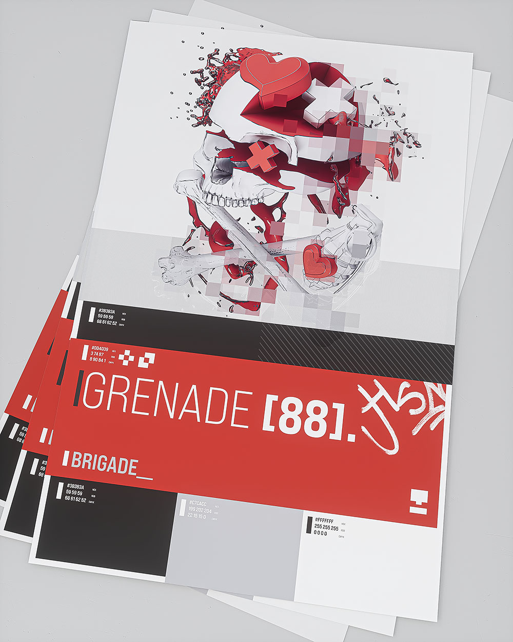A top-down 3D render from image_906e57.jpg showing a stack of Grenade Brigade graphic prints featuring a red and black lower layout panel below a complex skull and heart pop art illustration.