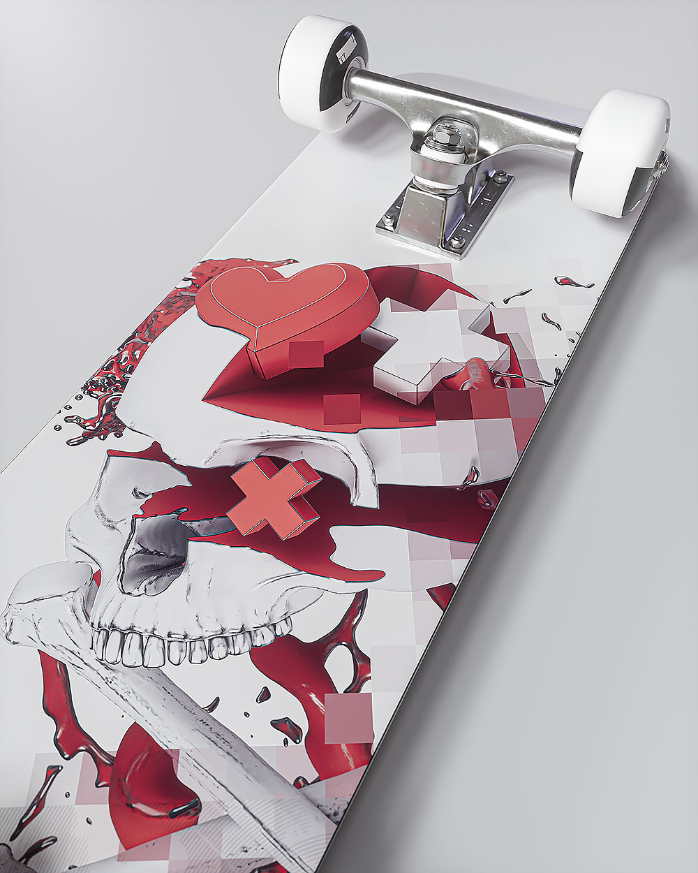 A close-up view of the deck graphic artwork, detailing a red heart, 3D cross symbols, and a stylized line art skull printed on a clean white surface.