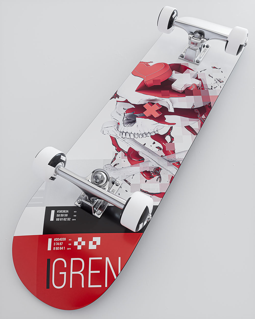 A detailed macro angle focusing on the polished chrome trucks, silver mounting hardware, and white wheels positioned over the black and red technical layout typography blocks on the deck.