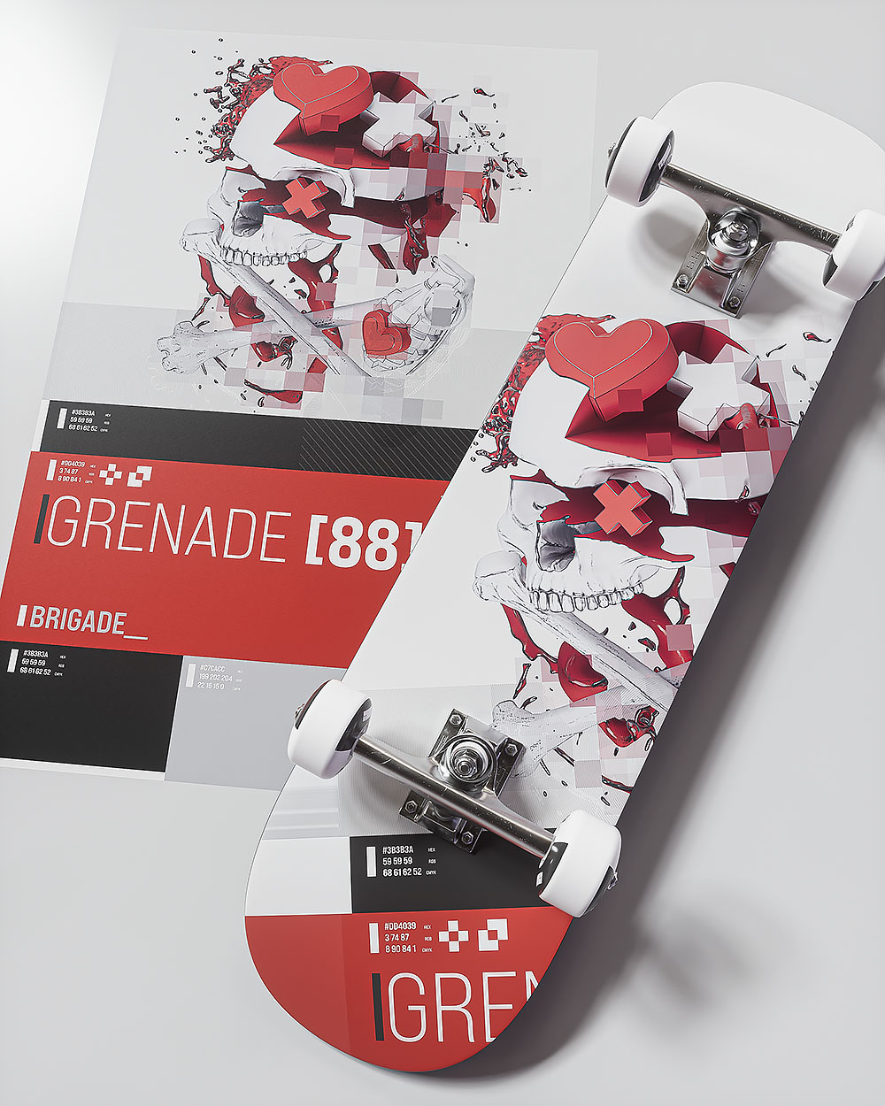 A high-angle 3D product shot showing the complete skateboard assembly with white wheels and polished silver trucks, resting on top of a matching graphic poster layout.