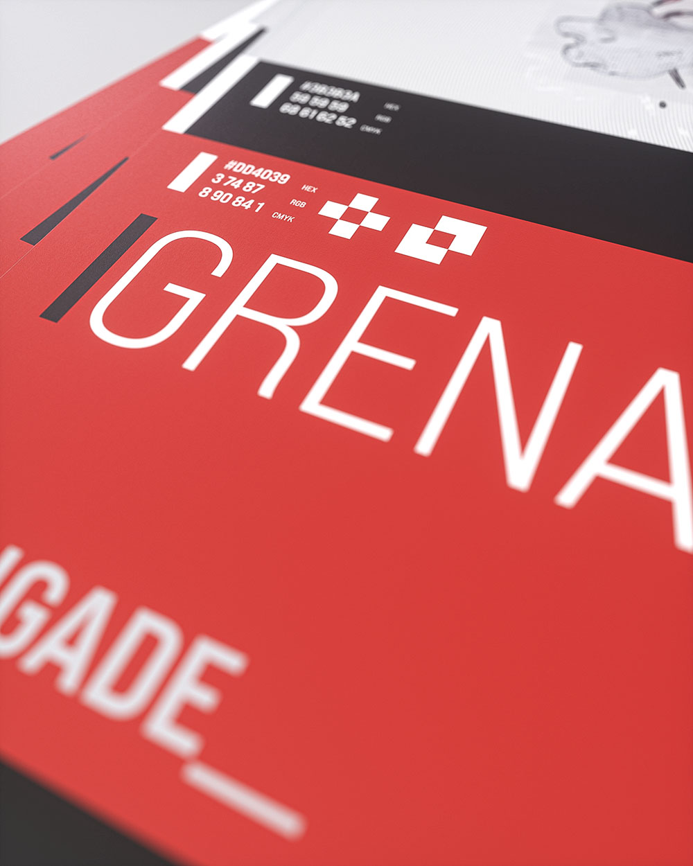 A close-up perspective shot focusing on the lower panel layout, detailing the clean white typography, technical layout data, and hex colour swatches over a bold red background.