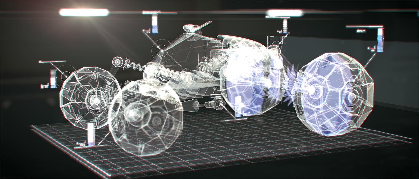 A 3D look-development style frame of an experimental off-road buggy vehicle model built with a fine wire-mesh shader, showcasing a bright blue glowing selection highlight overlay on its rear wheel assembly and axle telemetry data points.