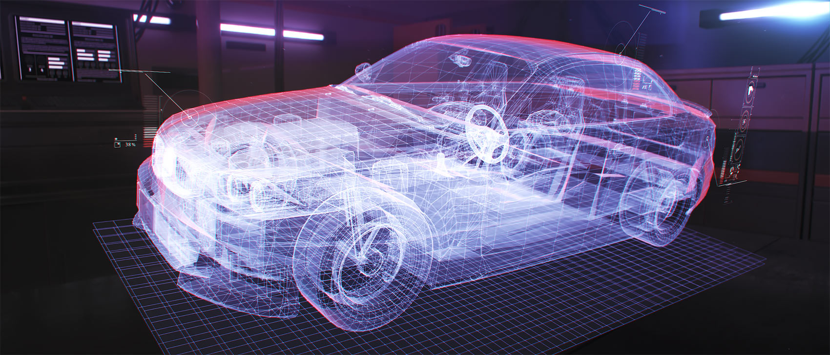An angled, perspective look-development frame featuring a full-size passenger car styled as a dense blue glowing digital hologram with red edge-tracing telemetry lines, exposing interior cabin components like the steering wheel and seats.