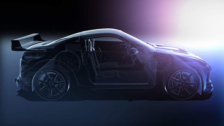 Holographic Vehicle Telemetry – Full Side Profile Chassis Study A wide exterior asset study from image_e7c804.jpg featuring a high-performance coupe with a prominent rear spoiler, highlighting x-ray chassis transparency, mechanical wheel details, and dynamic lighting falloffs.