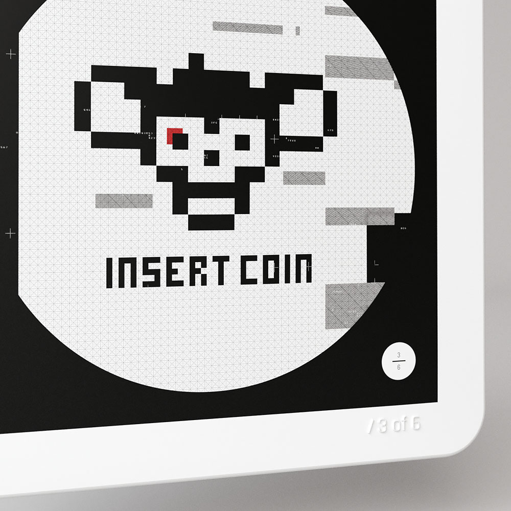 A square design concept featuring a stark black pixel skull illustration enclosed within a perfect circle layout on a white background.