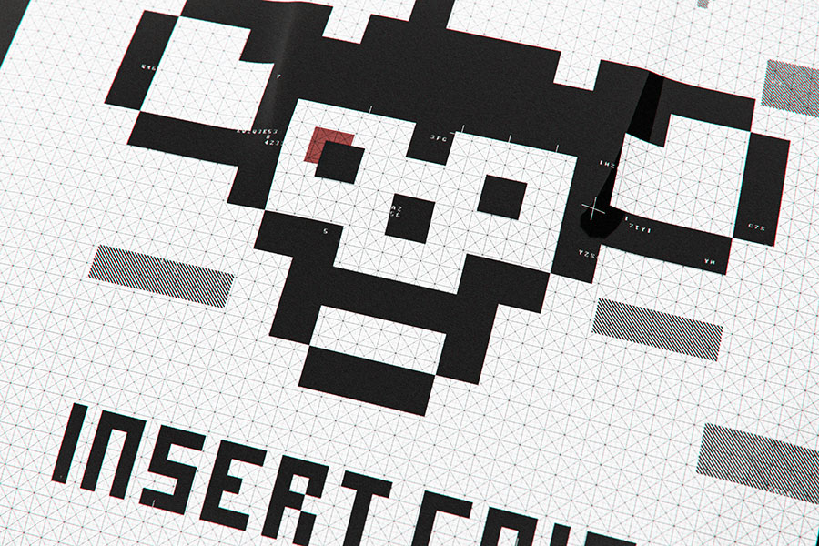 A flat macro crop of the pixel art illustration showing a black skull icon and the typography text Insert Coin printed on a textured white material.