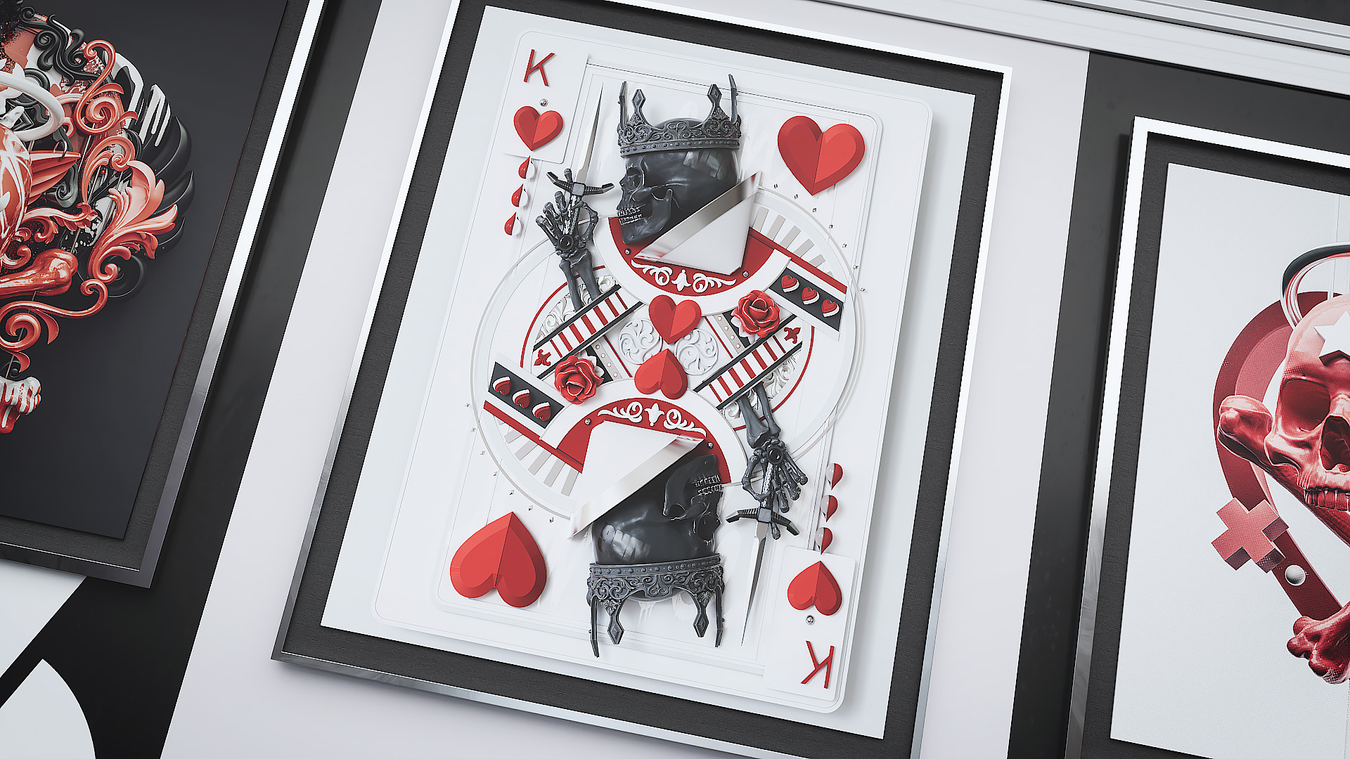 A framed graphic design piece presenting a 3D rendering of a King of Hearts playing card featuring a crowned skull and detailed metallic elements.