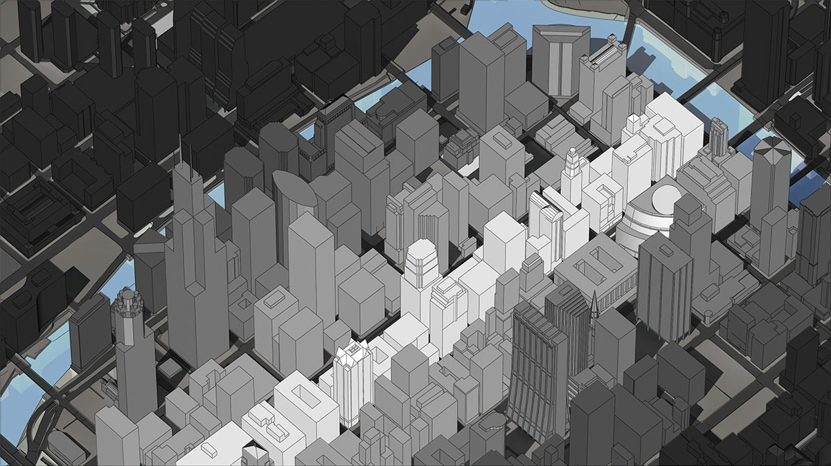A moody, low-poly 3D urban cityscape rendered in a dark grey monochrome aesthetic, highlighting a single linear corridor of high-rise structures in clean white to track a path trajectory.