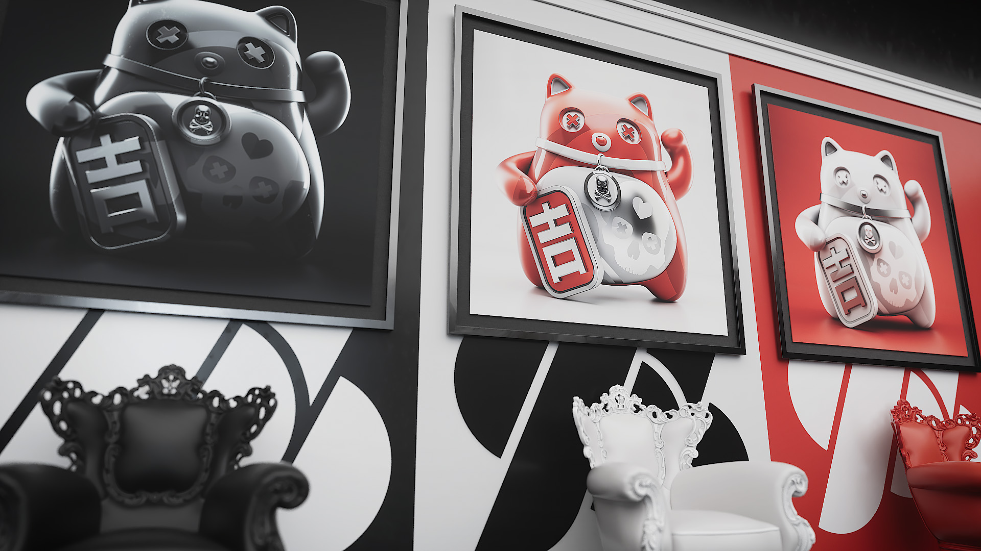 An exhibition wall showcasing three stylized Japanese lucky cat character prints in black, white, and red, paired with matching ornate baroque armchairs.
