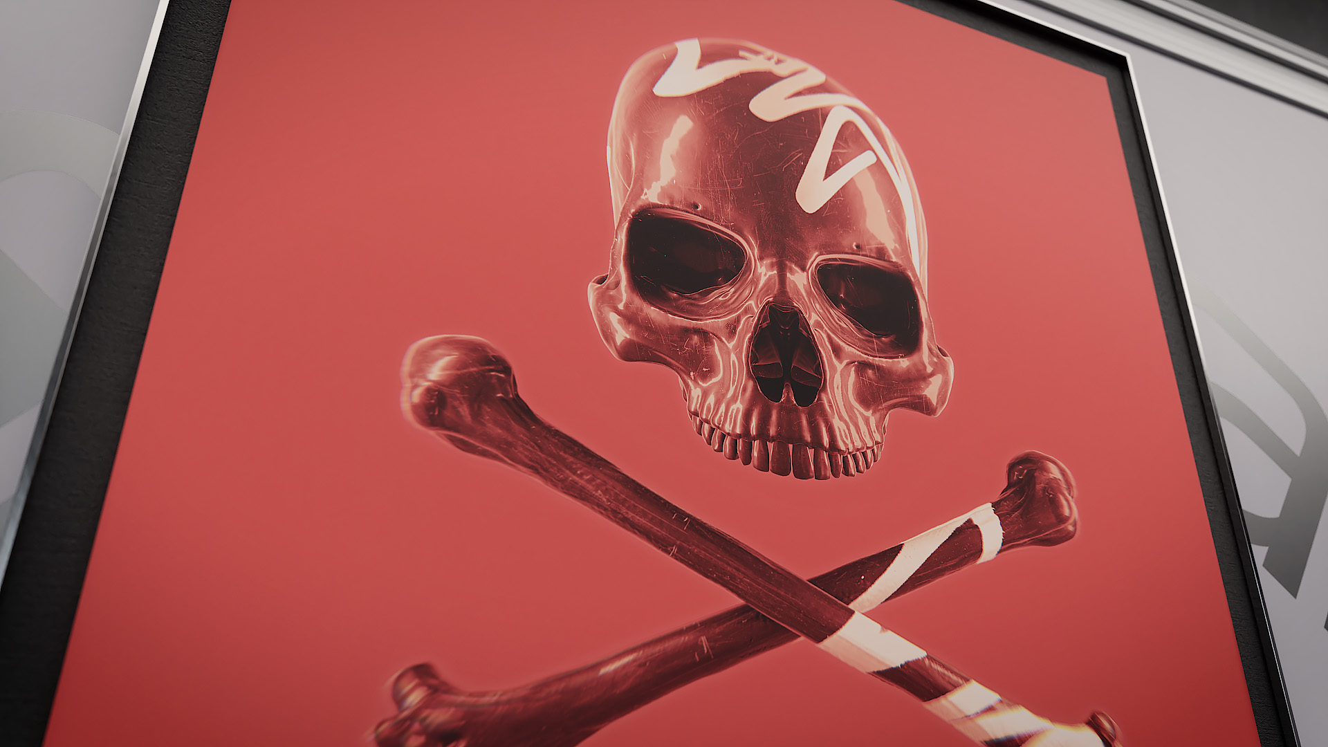A low-angle view looking up at a framed canvas that features a sleek, metallic red 3D skull floating over crossed candy-striped bones.