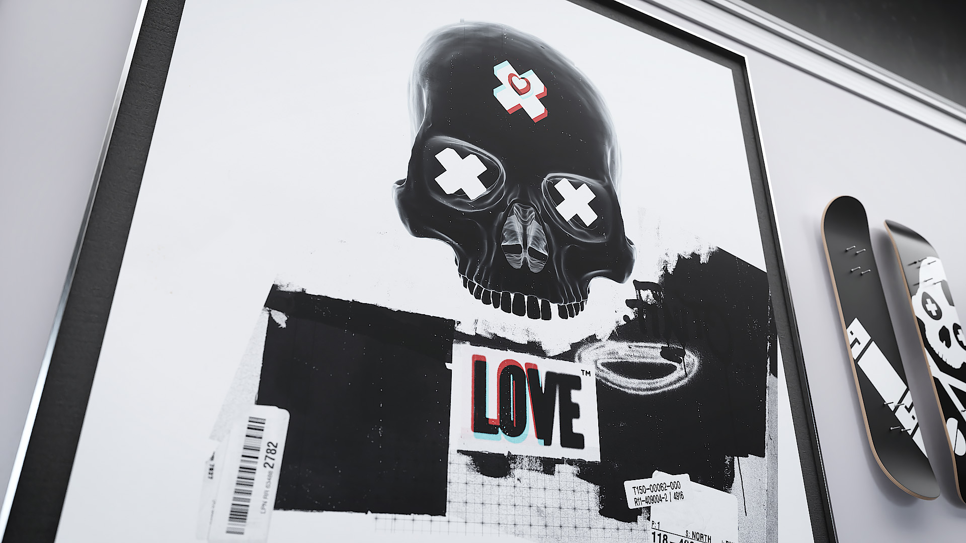 An angled view of a framed monochrome canvas displaying a dark skull motif layered above high-contrast black paint blocks and stencilled typography reading Love.