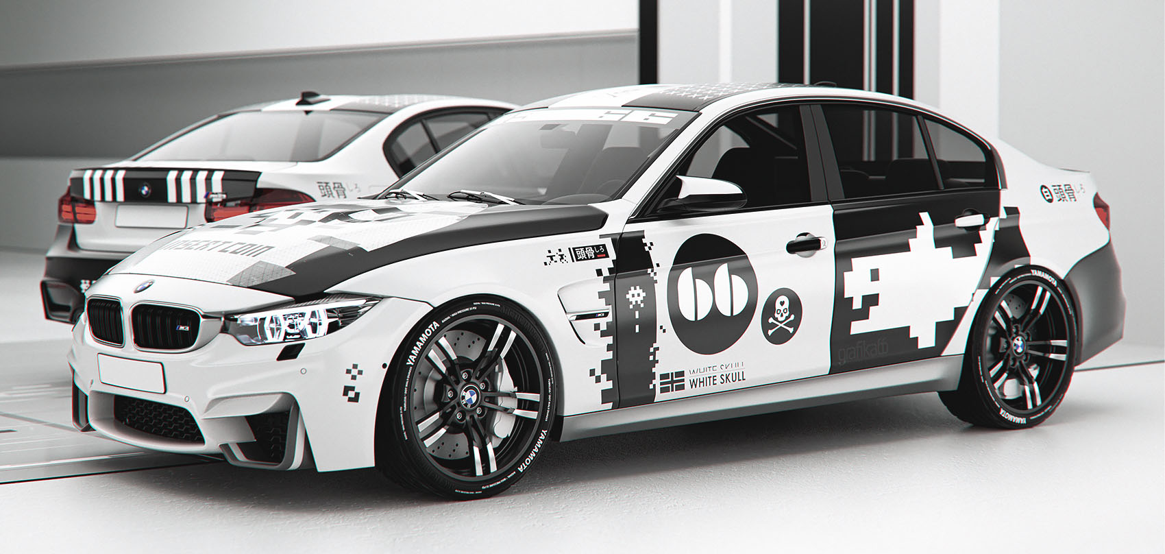 A full side-profile studio presentation render of a sports car styled with a black and white geometric car livery featuring retro arcade icons.