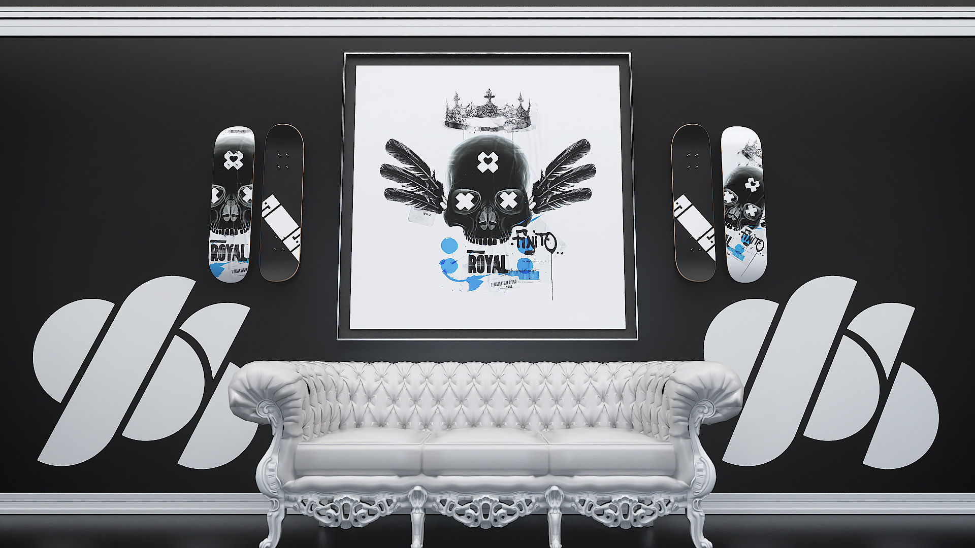 A symmetrical studio presentation layout displaying a winged skull print and custom skate decks on a black graphic wall behind an ornate white sofa.