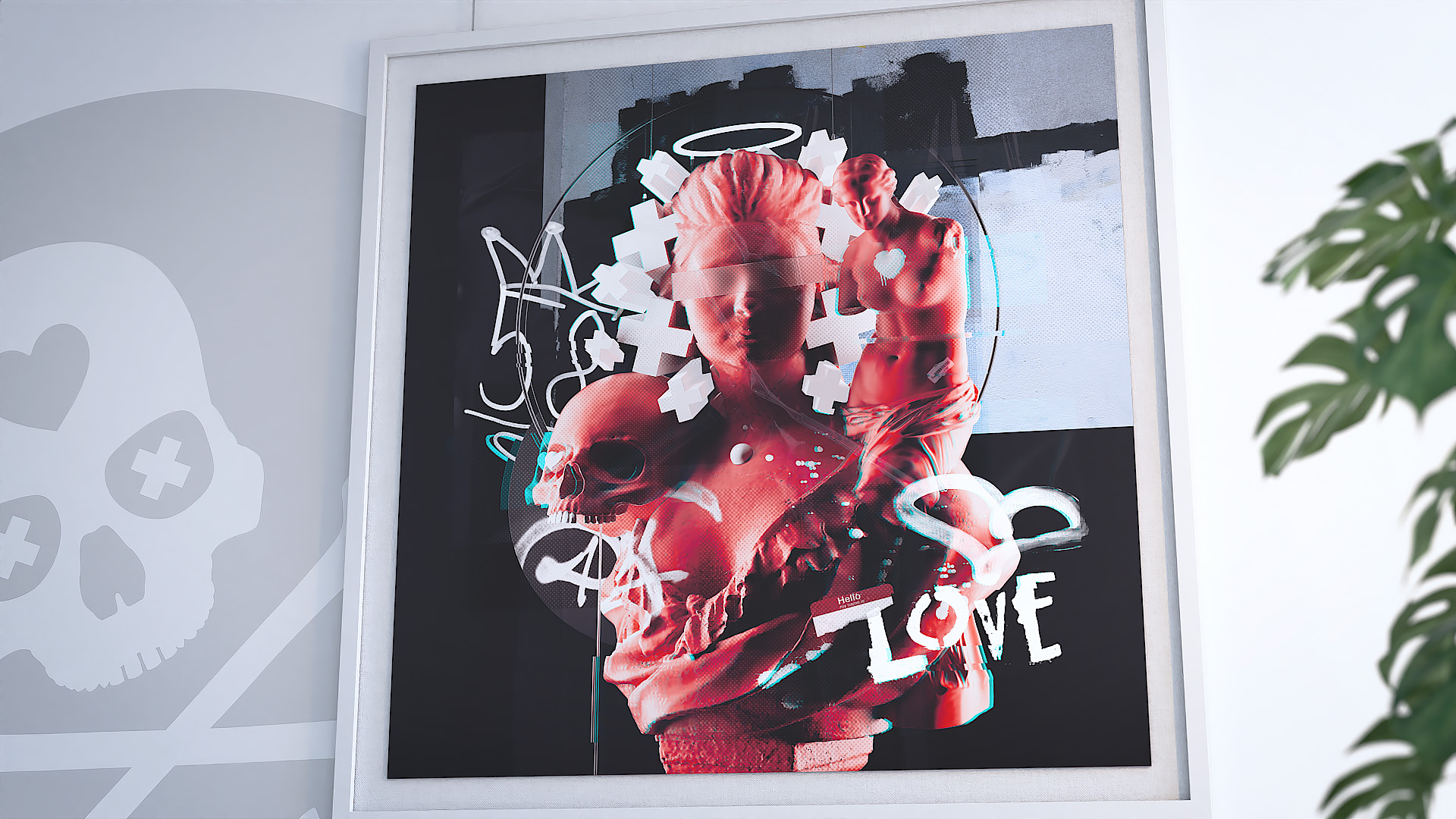 A framed pop art piece featuring a red classical female bust covered with glowing white neon text, graffiti marks, and skull elements.