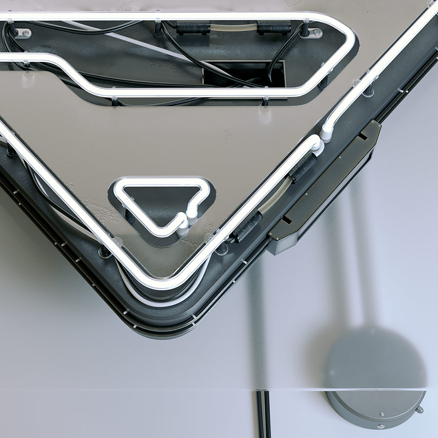 A detailed macro 3D render showing the lower corner of the Superman shield emblem neon sign, highlighting the mechanical chassis casing, power cable routing, and a wall-mounted transformer box.