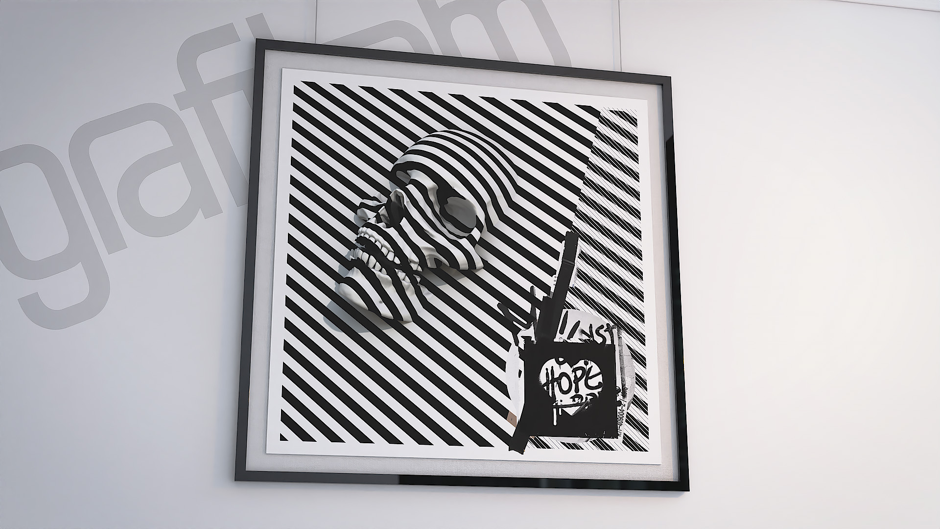 A framed graphic design print showcasing a skull hidden within a high-contrast black and white diagonal striped optical illusion pattern.