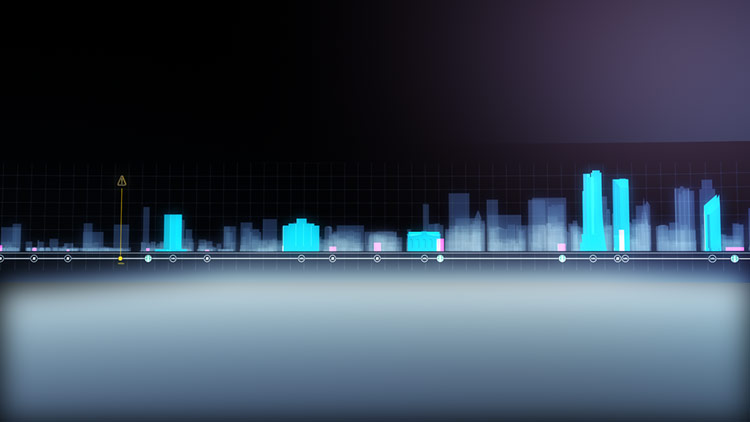 Panoramic Digital Dash Close-Up – Skyline UI Look-Development An extreme close-up look-development frame focusing on the central section of a panoramic digital dashboard screen, showcasing illuminated cyan building structures against a soft gradient glow.