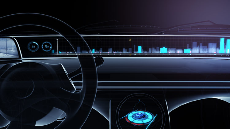 Full Panoramic Digital Dash – Complete Cabin Interface Concept A wide-angle interior cabin concept showcasing a full-width digital dashboard display spanning the entire cockpit, integrated with a circular telemetry gauge console below the main center stack.
