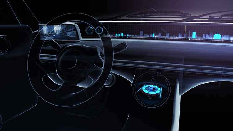 Panoramic Digital Dash – Three-Quarter Interior Angle A three-quarter view of the vehicle cockpit highlighting the geometric flow of the dashboard design, showcasing the full-width screen real estate and the glowing radar widget on the console.