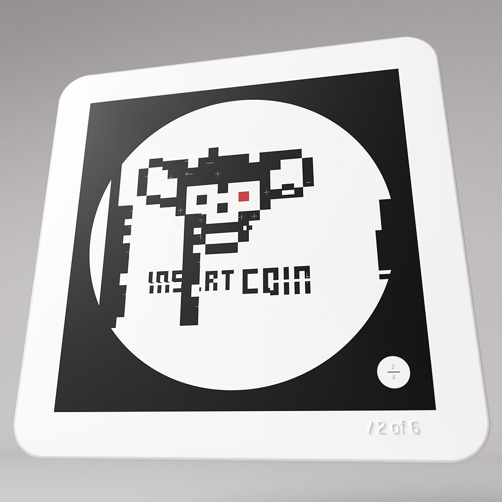 An angled mockup layout displaying the retro skull artwork and text framed inside a clean square border with rounded corners.