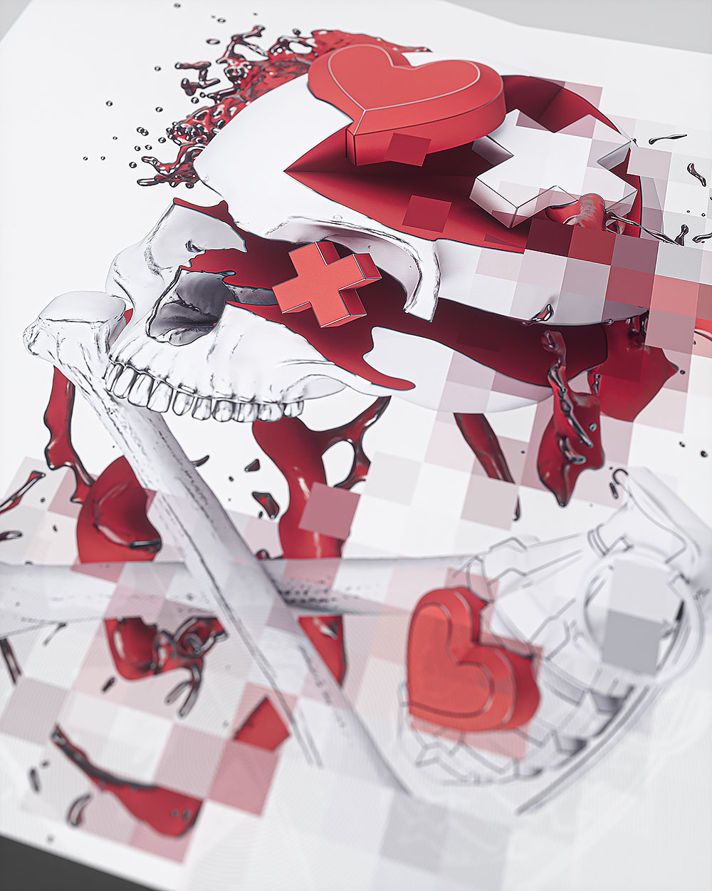 A detailed view of the central graphic illustration, showcasing a stylized line art skull mixed with floating 3D red hearts, crosses, and pixelated patterns over a subtle checkered grid.