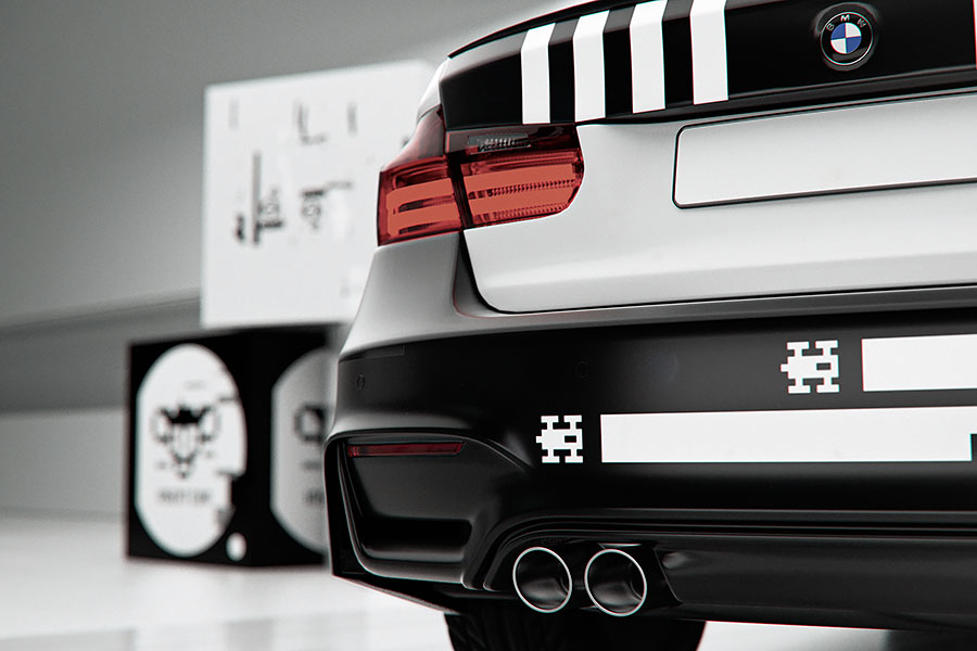 A close-up crop of the vehicle's rear corner, showcasing the crisp line placement of black and white vertical stripes above the tail light assembly.