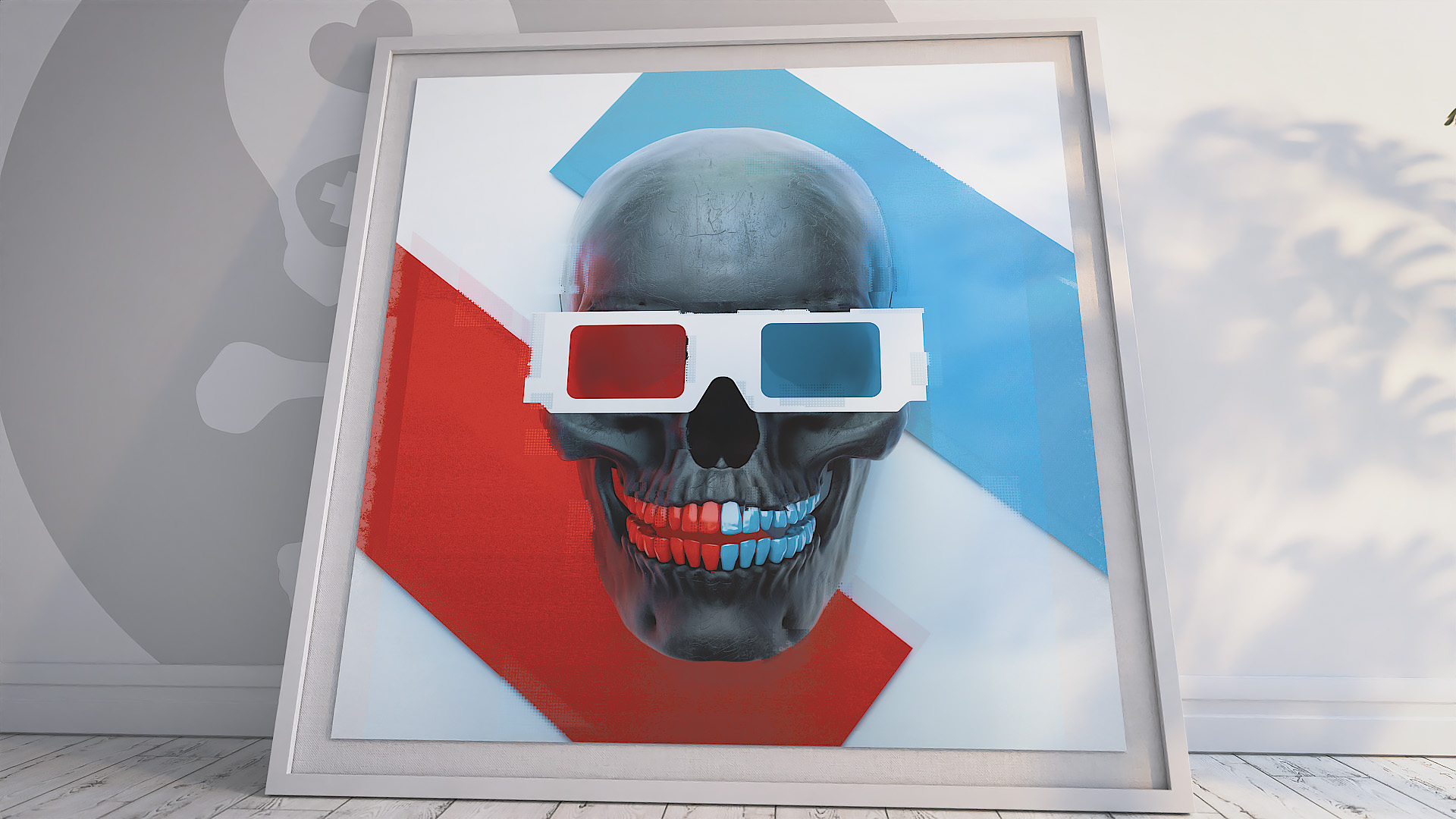 A square framed artwork leaning against a white wall with soft shadow details, displaying a metallic skull wearing retro red and blue three-dimensional glasses.