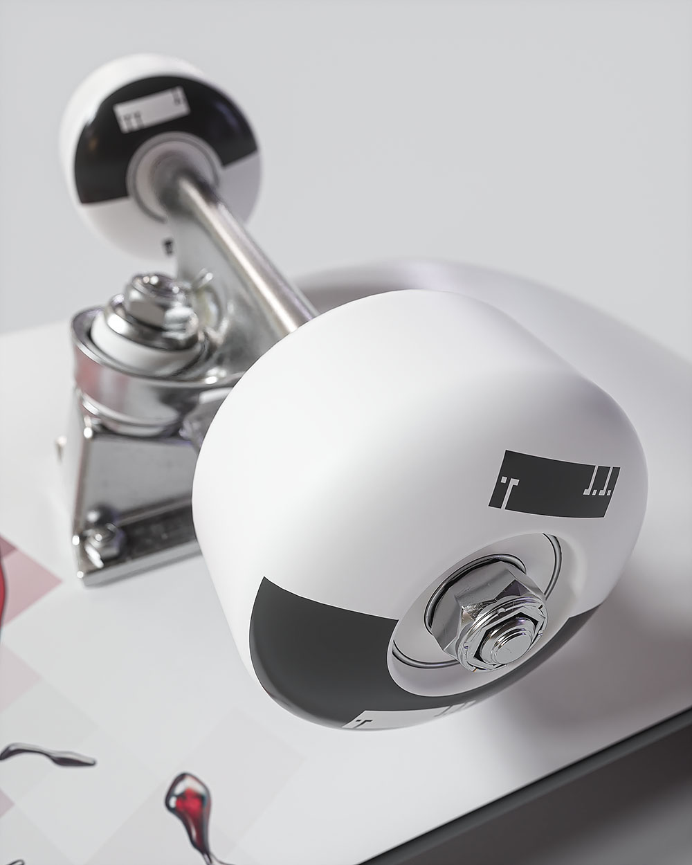 An extreme close-up look-development render capturing the shallow depth of field, matte plastic texture, and minimalist black graphic branding on a solid white skateboard wheel.